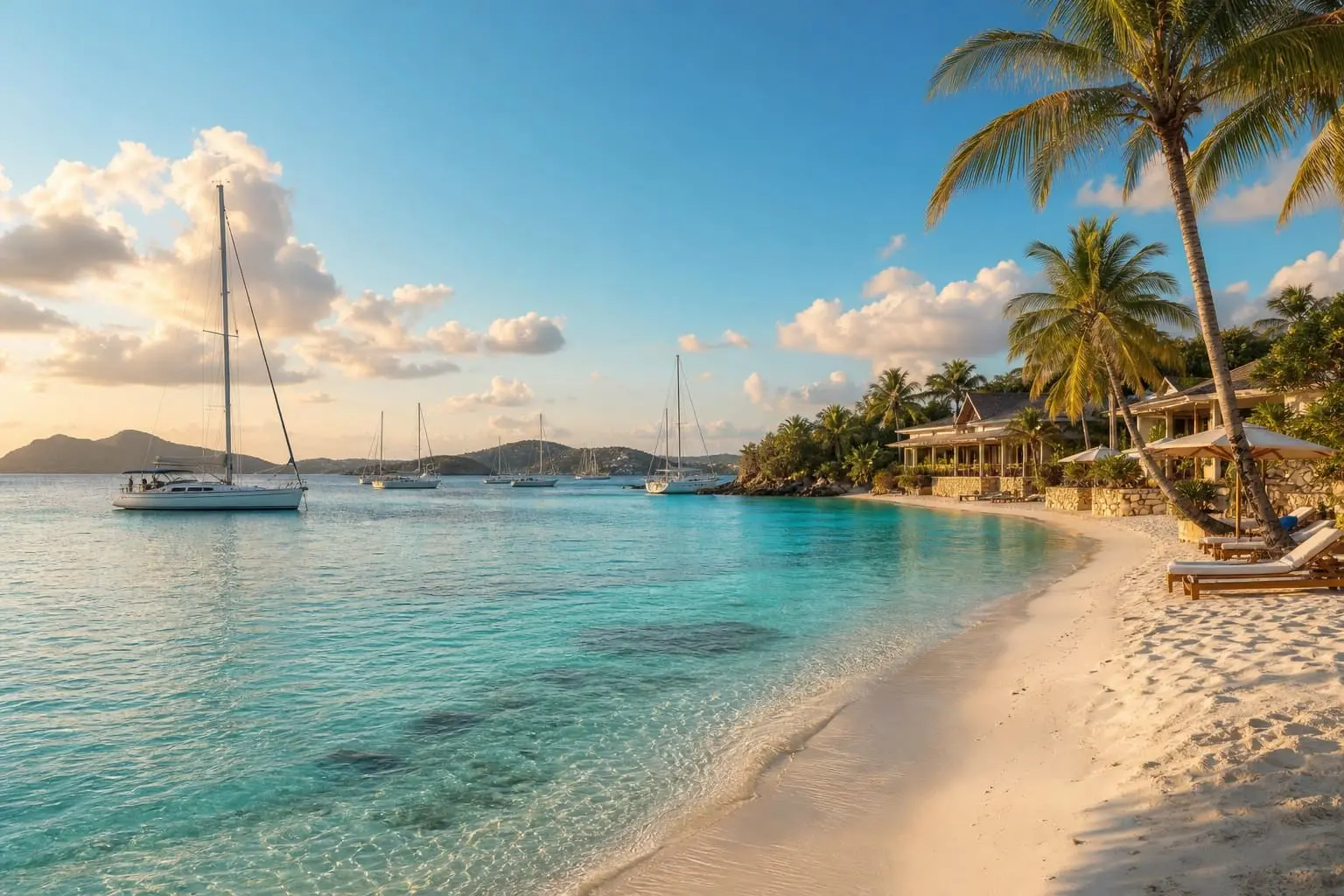 White-sand beach with sailboats in Antigua