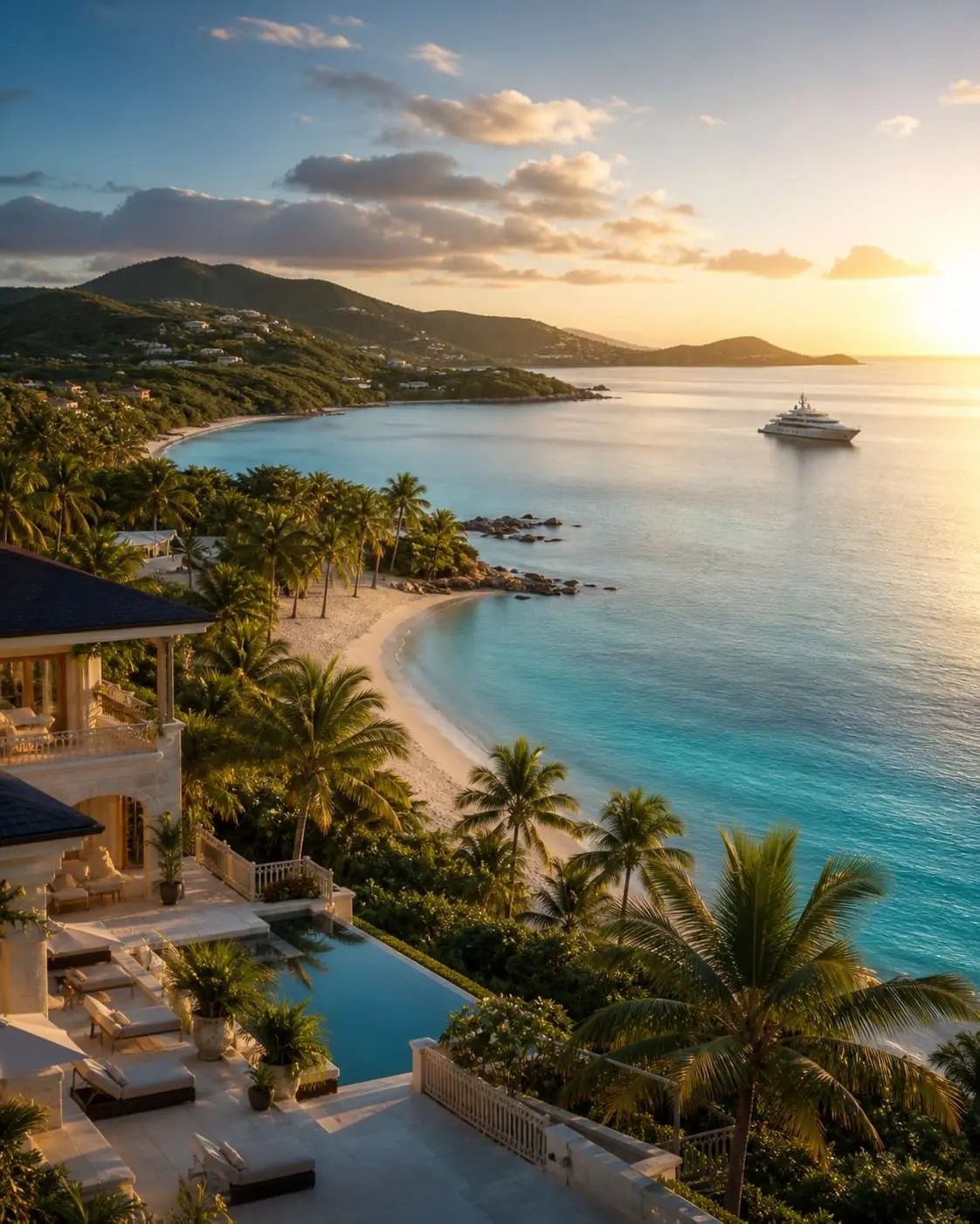 Aerial view of a Caribbean coastline at golden hour