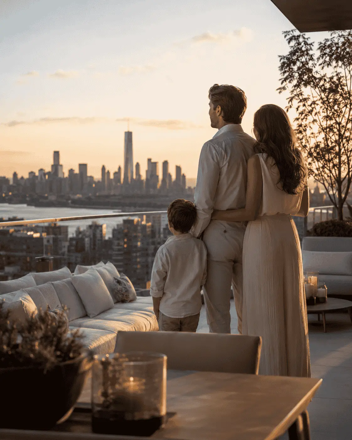 Elegant family looking out over a global city skyline at golden hour