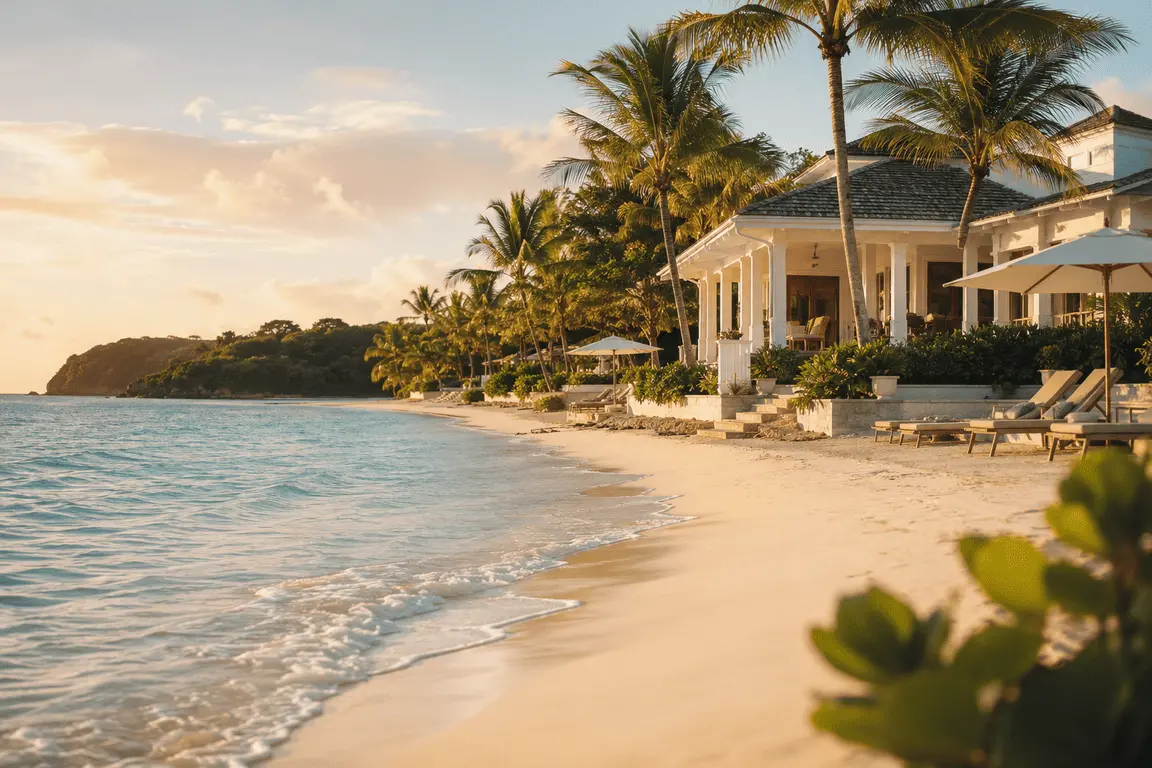 White-sand beach and sailboats along the Antigua coast