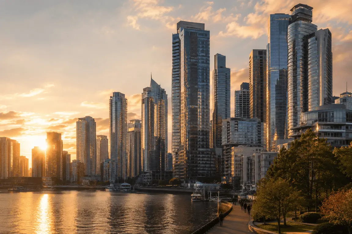 Downtown Canadian business district skyline at sunset