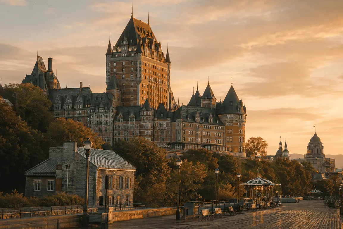 Historic Old Quebec rooftops and the Château Frontenac at dusk