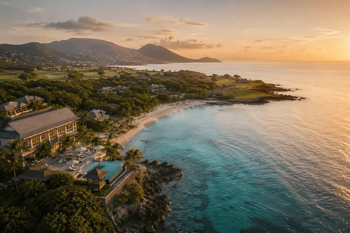 Aerial view of a turquoise Caribbean bay and palm-lined coastline